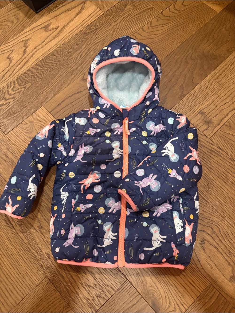 Cat & Jack Navy Puffer Jacket with Pink Trim and Space Animal Print Reversible